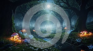 Mystical glowing mushrooms in enchanted forest under the moonlight atmosphere artwork
