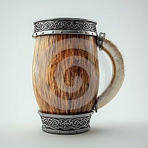A 3D render of a Vikingstyle beer stein made of wood with a bone handle and intricate metal detailing photo