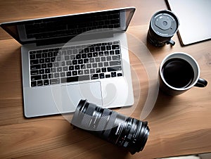 Pulire minimalista ufficio scrivania computer portatile caffè tazza taccuino 