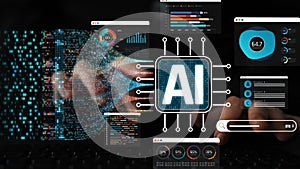 This image showcases a modern artificial intelligence concept, highlighting data processing with visualizations, graphs