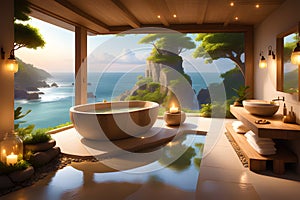 a perspective of a vast body of water and a stunning natural landscape from a modern bathroom.