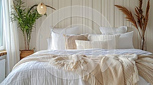 Rustic Chic: Modern Country Bedroom Interior with White and Cream Pillows on Bed