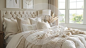 Rustic Chic: Modern Country Bedroom Interior with White and Cream Pillows on Bed