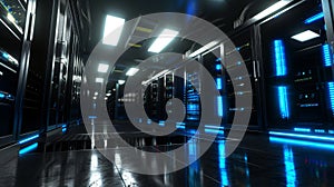 Modern Data Center with Blue LED Lights, Generative AI
