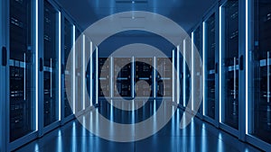 Data Center Server Room Modern IT Infrastructure, Blue Tone
