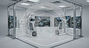 Futuristic laboratory interior with advanced technology and interactive displays
