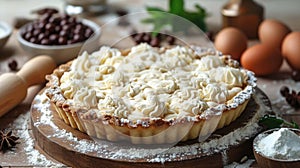 Yeast Dough Preparation for Tart Pie with Rolling Pin on White Background