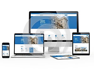 Responsive website design on multiple devices isolated on white background