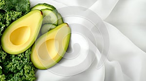 Avocado halves and fresh greens on a silky white fabric backdrop, AI photo