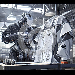 Robot Craftsman Engrossed in Customizing Clothing photo