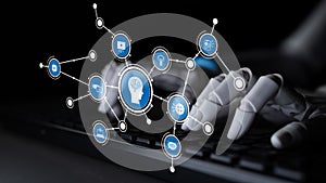 Futuristic Technology Concept Featuring Robotic Hand Typing on Keyboard with Artificial Intelligence Graphics and