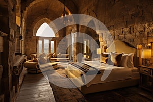 This image showcases a roomy bedroom featuring stone walls and a generously sized bed, An ancient castle turned into a luxury
