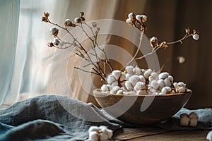 A beautiful arrangement of cotton plants in a wooden bowl. Soft textures and warm colors create a cozy atmosphere. Ideal photo
