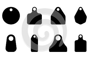 Set of Cow cattle Tag icon. Ear tags signs beefs symbols. Black Fill identification label for farm animals. Earmark mockup. photo
