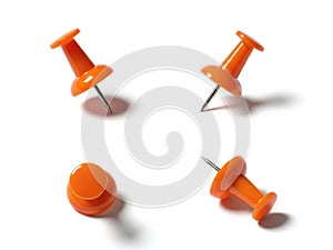 Orange Push Pins on White Background, Office Supplies