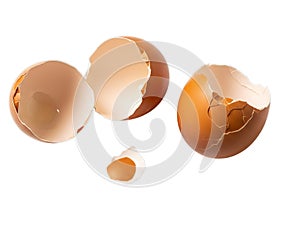 Broken eggshells on white background