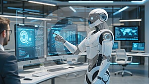 Advanced Robot Interacts with Futuristic Interface