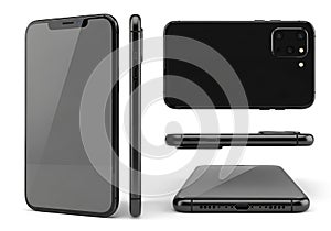 Modern smartphone in multiple angles isolated on white background
