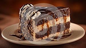 Decadent Chocolate Layer Cake Slice with Creamy Topping and Caramel Drizzle