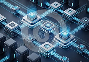 A futuristic network of interconnected data servers and glowing processors.