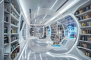 Futuristic Library Design with Integrated Technology and Comfortable Seating photo