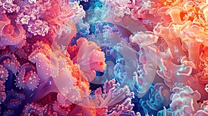 This image showcases a surreal underwater seascape teeming with vibrant colors resembling diverse marine life