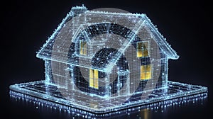 Futuristic glowing digital wireframe of a house on a reflective surface.