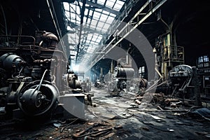 This image showcases a vast collection machinery inside an aging factory, An abandoned industrial site filled with