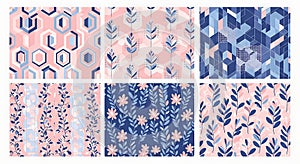 Six seamless pink and blue vector pattern designs