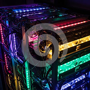 AI Generated Brightly Lit Vertical Server Rack with Color-Changing Lights