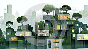 Futuristic eco-friendly architecture with lush greenery and modern design, AI photo