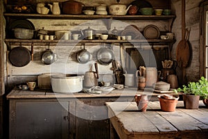 This image showcases a well-organized kitchen shelf with an assortment of pots and pans, Rustic farmhouse kitchen with antique