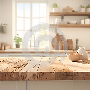 Wooden Table Top in Blurred Kitchen Background