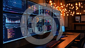 A workstation displaying multiple screens of complex data visualizations, code, and system readouts