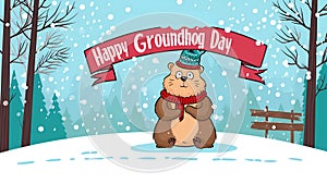 An image showcasing a marmot in a snowy setting, complemented by the message Happy Groundhog Day