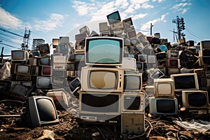 An image showcasing a pile of old TVs stacked on top of a heap of dirt, revealing an electronic waste disposal site, Old