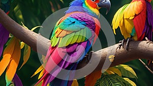 An image showcasing a strikingly colorful and exotic bird perched on a tropical branch