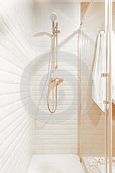 Image of shower zone in a white, beige hotel bathroom