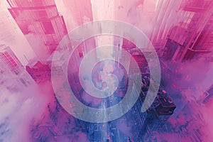 The image is showing a city with skyscrapers. The sky is foggy and the colors are pink, blue and purple