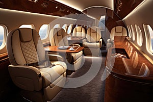 An image showing the interior of an airplane featuring comfortable leather seats, Interior of a luxurious private jet with leather