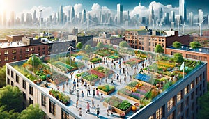 image showing a vibrant community garden on the roof of a city school where students and teachers engage in educational activities