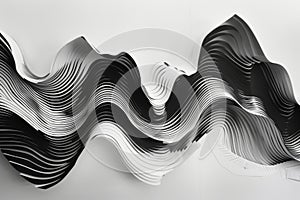 The image shows an abstract design of flowing, wavelike forms in black and white with a sense of movement and grace