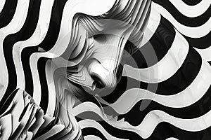 The image shows an abstract design of flowing, wavelike forms in black and white with a sense of movement and grace