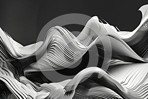 The image shows an abstract design of flowing, wavelike forms in black and white with a sense of movement and grace