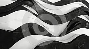 The image shows an abstract design of flowing, wavelike forms in black and white with a sense of movement and grace