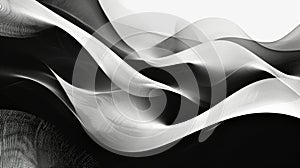 The image shows an abstract design of flowing, wavelike forms in black and white with a sense of movement and grace