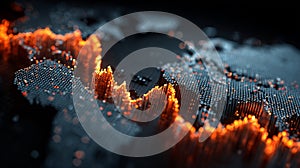 Abstract data visualization of a world map with glowing orange lines