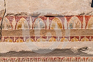 Image shows ancient tileswall panels, possibly from a historically significant site Decorations are intricate, with