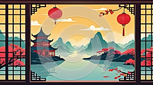 beautiful natural scene with a temple, mountains, lakes, and red lanterns. Generative AI