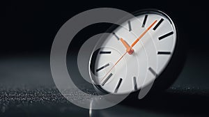 A black and white clock with orange hands.